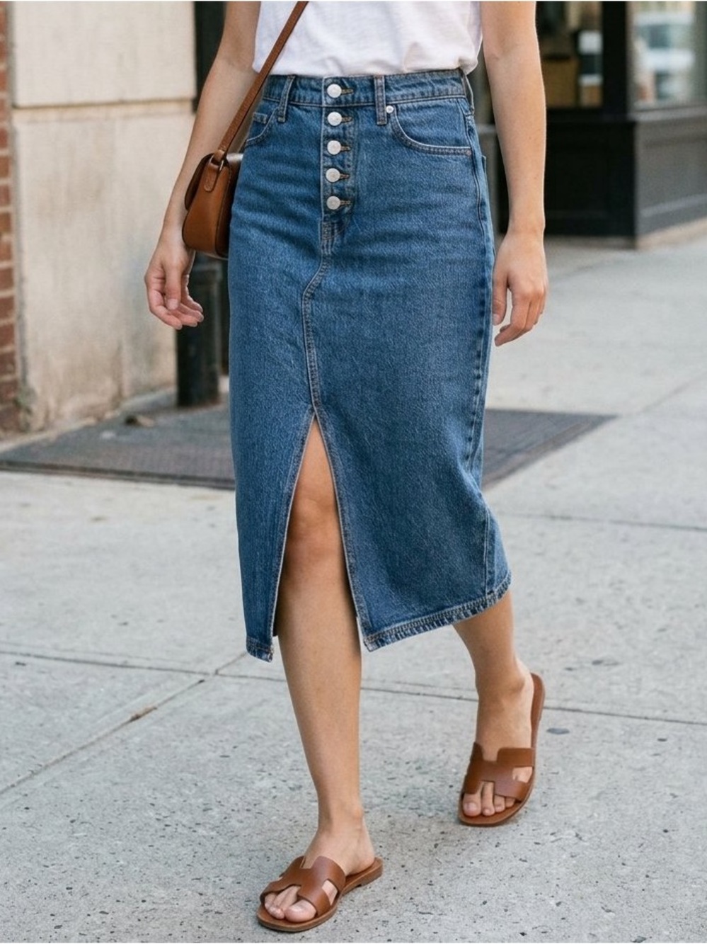 Banana Republic Button Fly Denim Midi Pencil Skirt Slit Midwash Petite 4